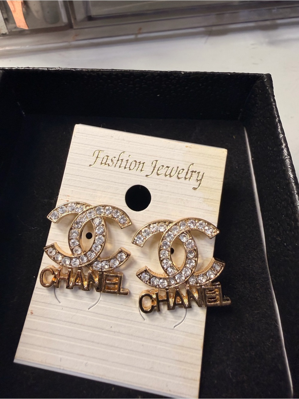 Gold Crystal Double C Logo Drop Earrings - Unbranded Fashion Jewelry - Picture 2 of 3